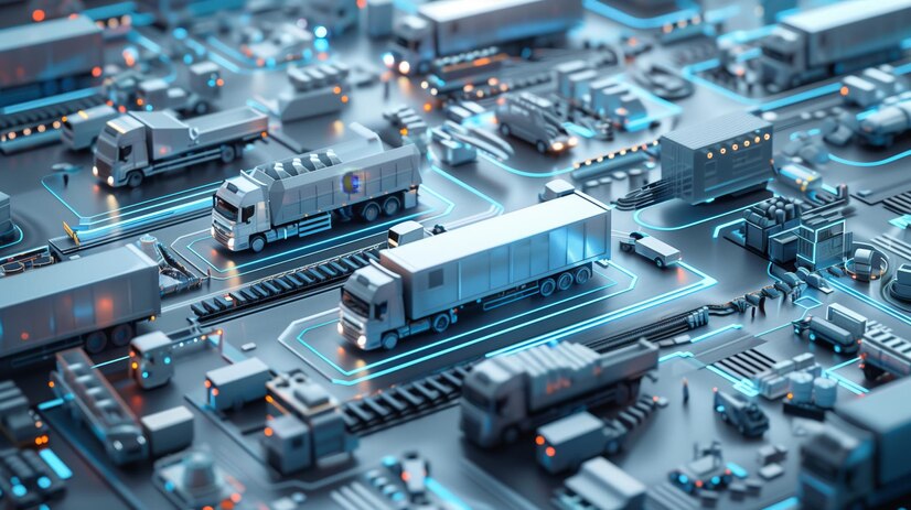 A futuristic logistics hub featuring automated trucks, interconnected transport networks, and advanced digital systems. The image illustrates innovation and efficiency in supply chain management, with vehicles and technology seamlessly integrated into a streamlined and modern infrastructure.